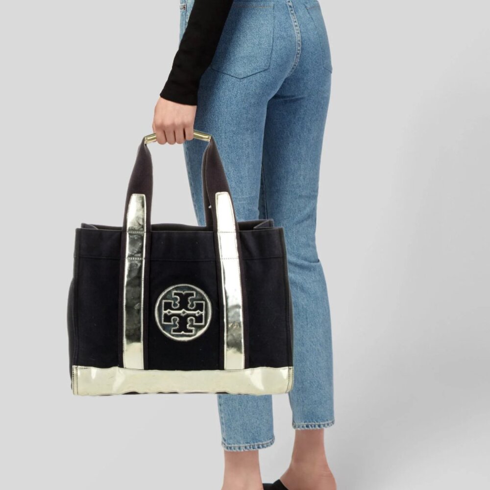 Tory Burch Canvas Leather Trim Tote (Navy/Gold)